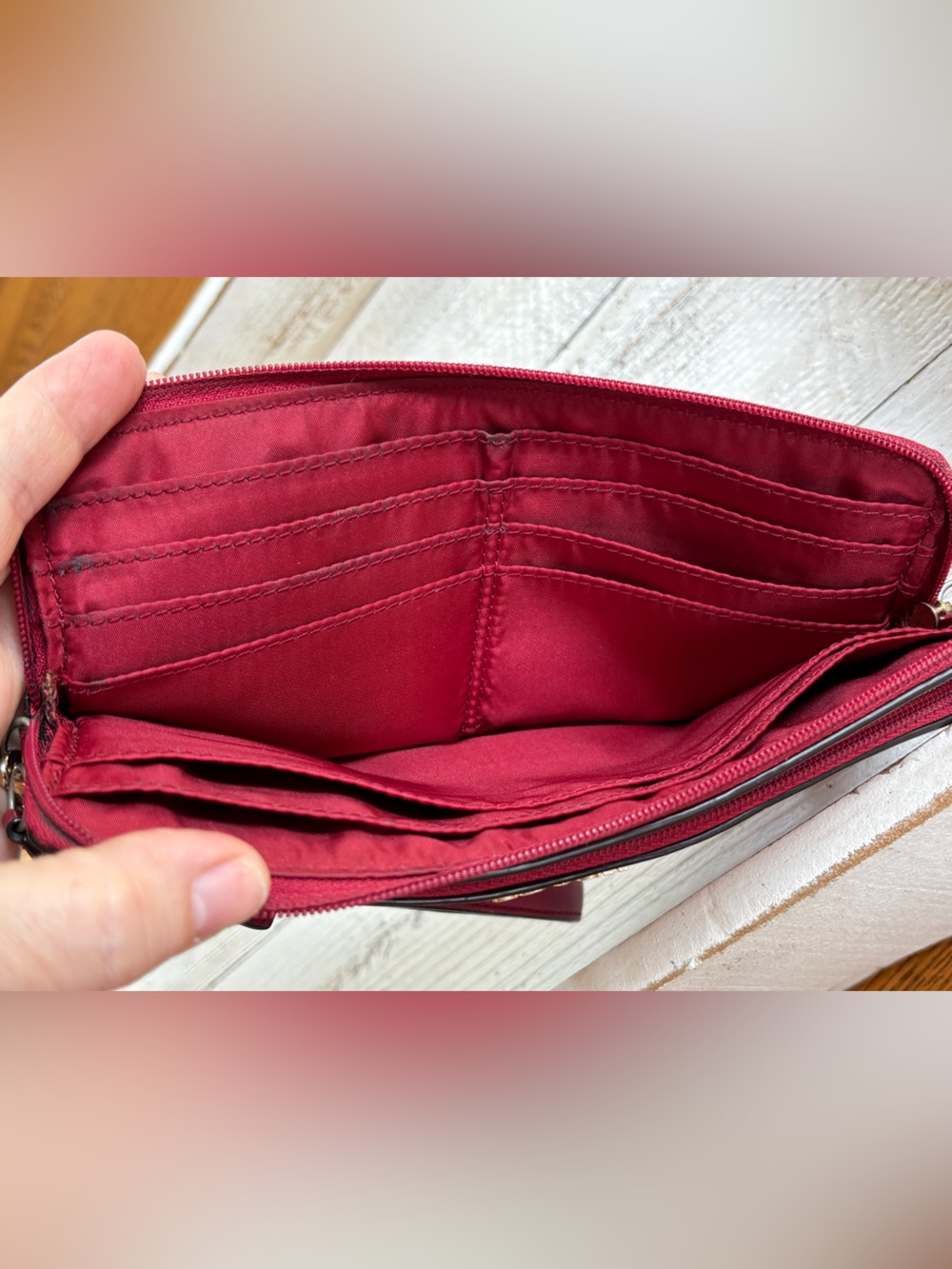 COACH $249 Cherry Red Pebbled Leather Wristlet Clutch goldtone - Picture 11 of 13